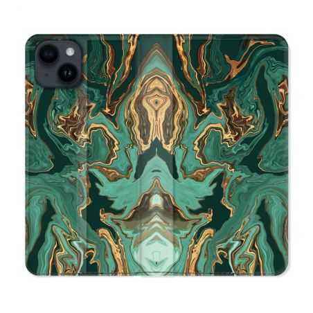 Housse Cuir Portefeuille Pour Iphone 15 (6,1) Texture Marbre Vert