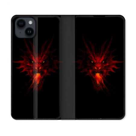 Housse Cuir Portefeuille Pour Iphone 15 Plus (6,7) Fantastique Dragon Feu