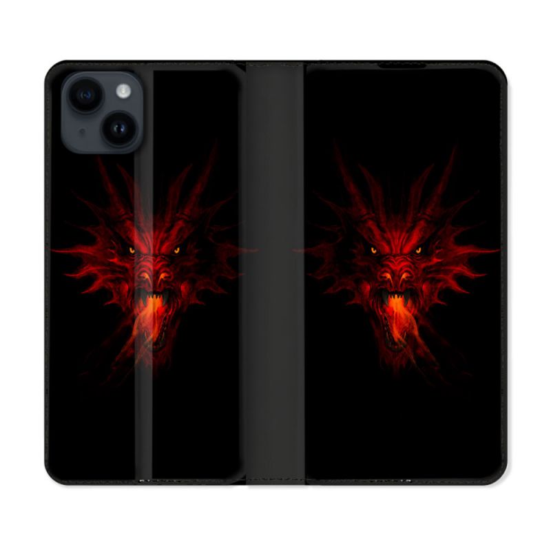 Housse Cuir Portefeuille Pour Iphone 15 Plus (6,7) Fantastique Dragon Feu