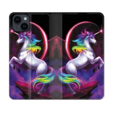 Housse Cuir Portefeuille Pour Iphone 15 Plus (6,7) Fantastique Licorne Arc en ciel