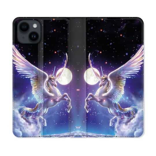 Housse Cuir Portefeuille Pour Iphone 15 Plus (6,7) Fantastique Licorne Céleste