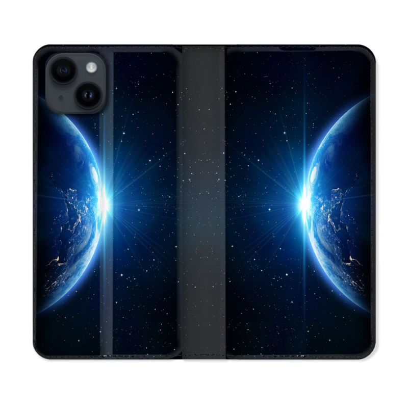 Housse Cuir Portefeuille Pour Iphone 15 (6,1) Univers Planete Terre