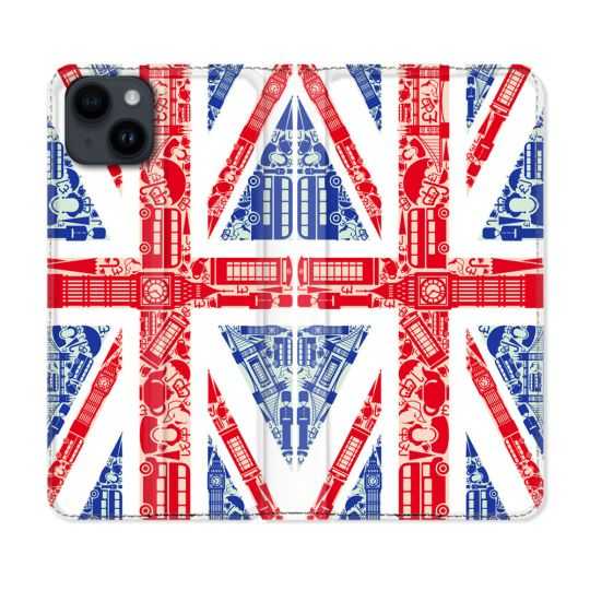 Housse Cuir Portefeuille Pour Iphone 15 (6,1) Voyage Angleterre Blanc