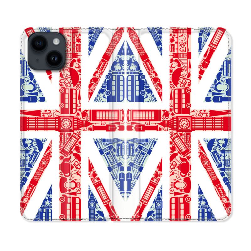 Housse Cuir Portefeuille Pour Iphone 15 (6,1) Voyage Angleterre Blanc