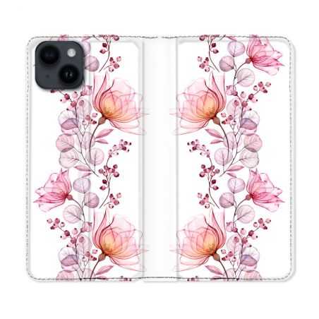 Housse Cuir Portefeuille Pour Iphone 15 Plus (6,7) Fleur Eclosion