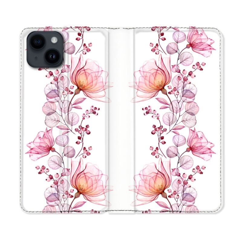 Housse Cuir Portefeuille Pour Iphone 15 Plus (6,7) Fleur Eclosion