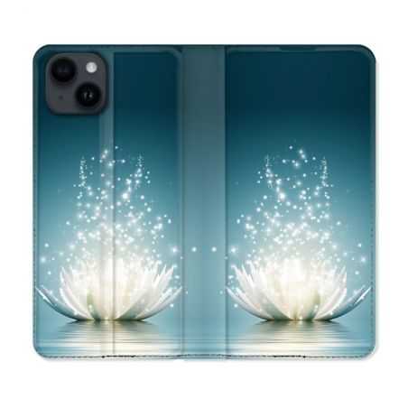 Housse Cuir Portefeuille Pour Iphone 15 Plus (6,7) Fleur Lotus Blanc