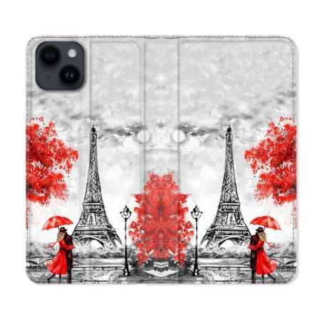 Housse Cuir Portefeuille Pour Iphone 15 (6,1) Voyage France Paris Rouge