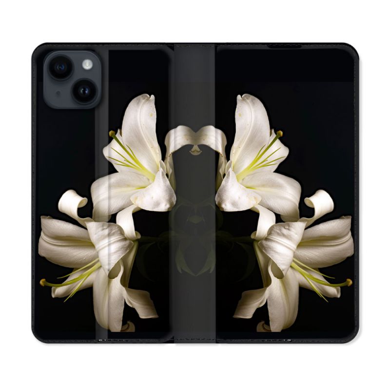 Housse Cuir Portefeuille Pour Iphone 15 Plus (6,7) Fleur Lys Noir