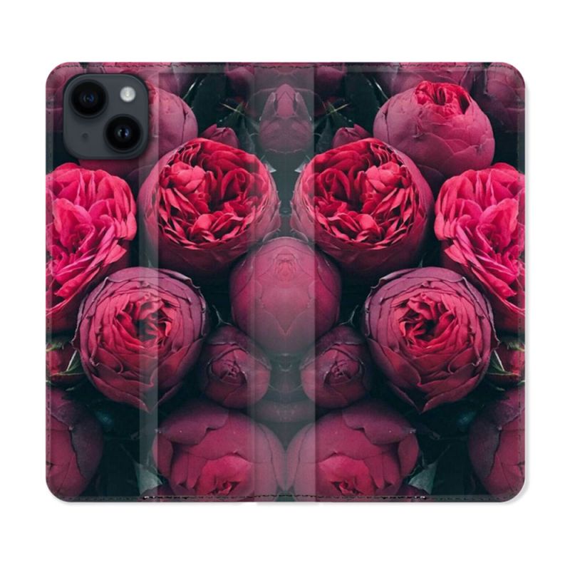 Housse Cuir Portefeuille Pour Iphone 15 Plus (6,7) Fleur Pivoine