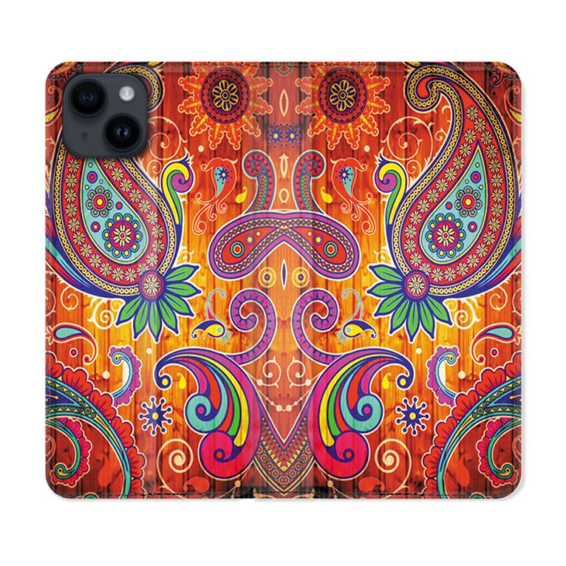 Housse Cuir Portefeuille Pour Iphone 15 Plus (6,7) Fleur Psychedelic