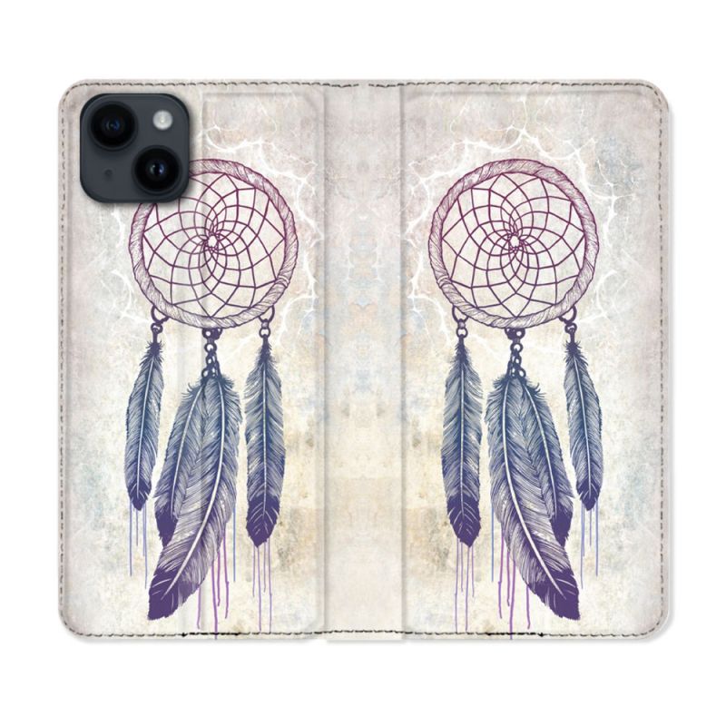 Housse Cuir Portefeuille Pour Iphone 15 (6,1) Zen Attrape Reve Blanc