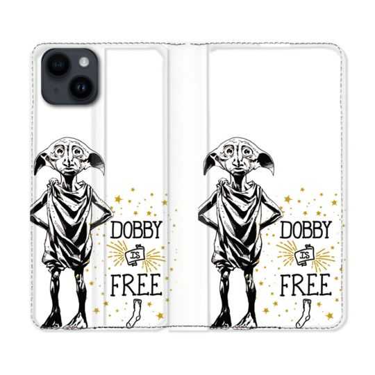 Housse Cuir Portefeuille Pour Iphone 15 Plus (6,7) Harry Potter Dobby Free Blanc