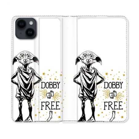 Housse Cuir Portefeuille Pour Iphone 15 Plus (6,7) Harry Potter Dobby Free Blanc
