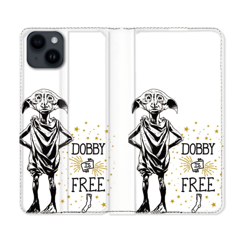 Housse Cuir Portefeuille Pour Iphone 15 Plus (6,7) Harry Potter Dobby Free Blanc