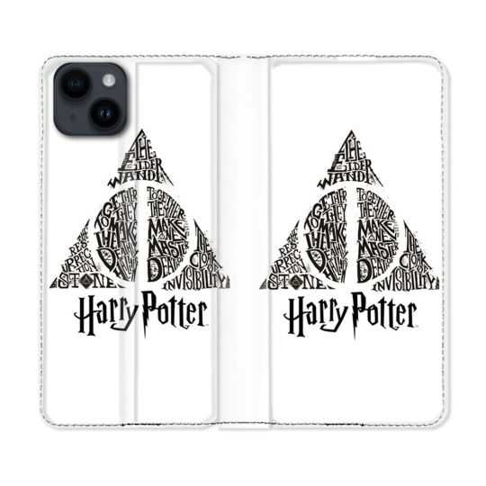 Housse Cuir Portefeuille Pour Iphone 15 Plus (6,7) Harry Potter Hollows triangle Blanc