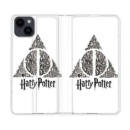 Housse Cuir Portefeuille Pour Iphone 15 Plus (6,7) Harry Potter Hollows triangle Blanc