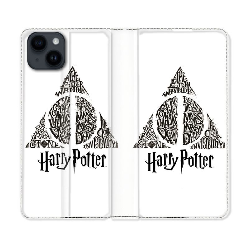 Housse Cuir Portefeuille Pour Iphone 15 Plus (6,7) Harry Potter Hollows triangle Blanc