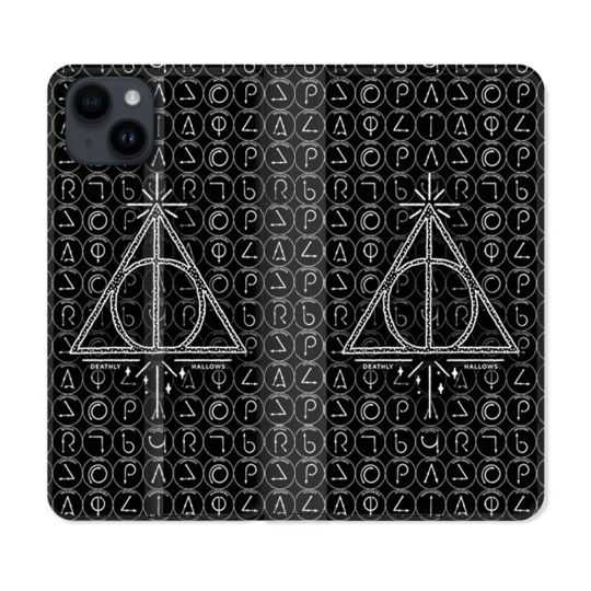 Housse Cuir Portefeuille Pour Iphone 15 Plus (6,7) Harry Potter Hollows Triangle Noir