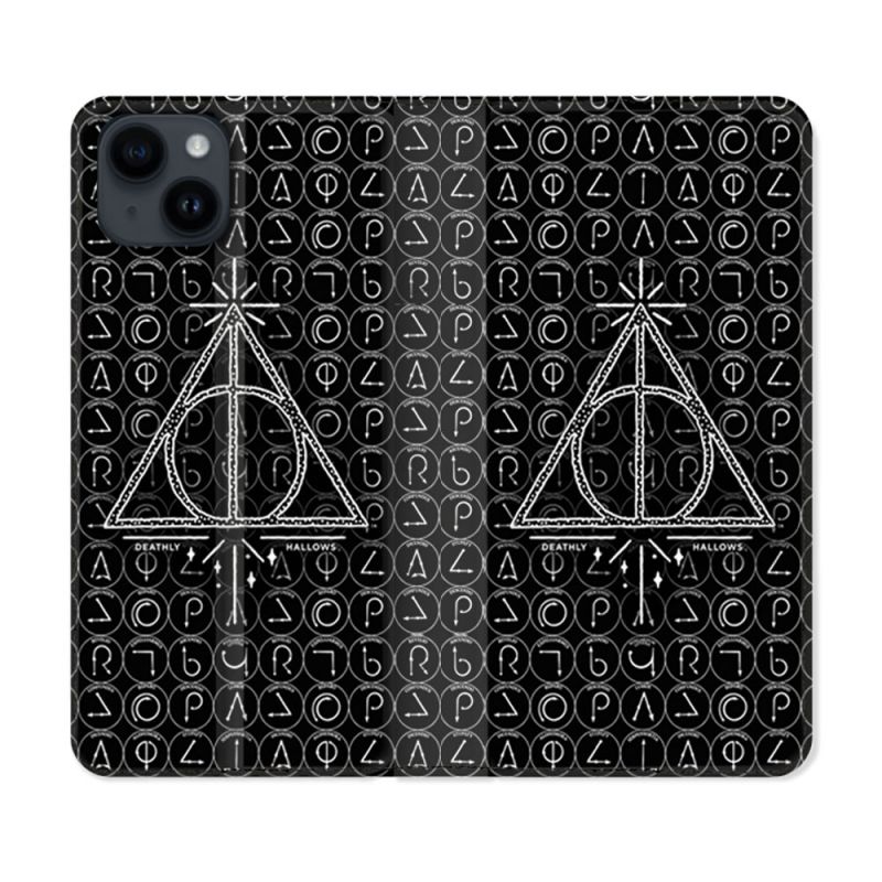 Housse Cuir Portefeuille Pour Iphone 15 Plus (6,7) Harry Potter Hollows Triangle Noir
