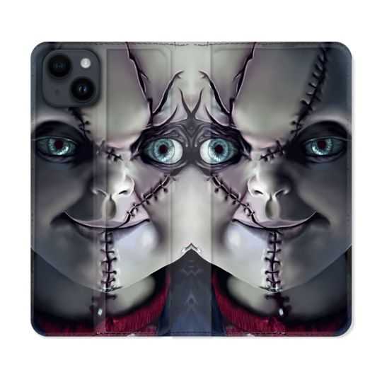 Housse Cuir Portefeuille Pour Iphone 15 Plus (6,7) Horreur Chucky Cicatrice