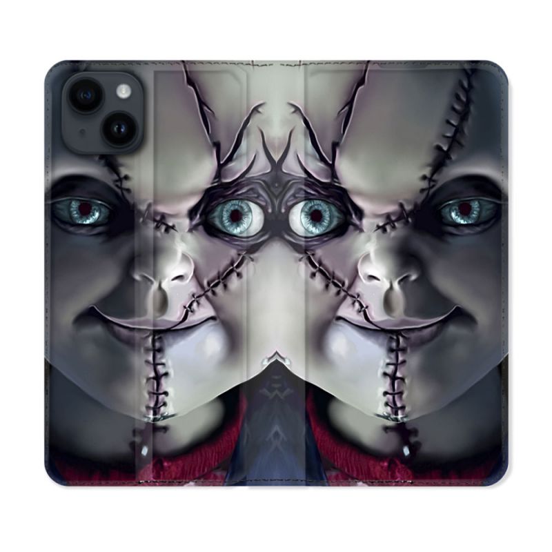 Housse Cuir Portefeuille Pour Iphone 15 Plus (6,7) Horreur Chucky Cicatrice
