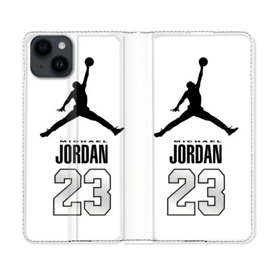 Housse Cuir Portefeuille Pour Iphone 15 Plus (6,7) Jordan 23 Blanc