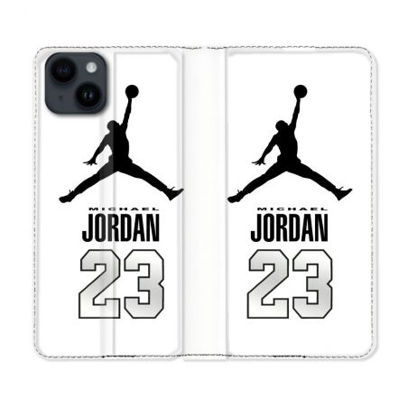 Housse Cuir Portefeuille Pour Iphone 15 Plus (6,7) Jordan 23 Blanc