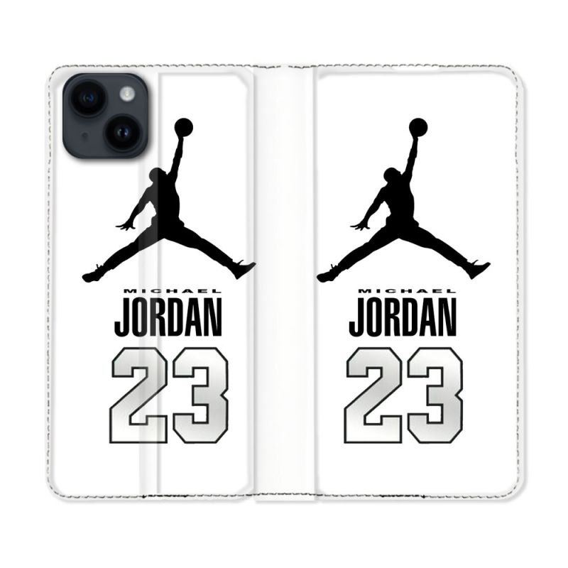 Housse Cuir Portefeuille Pour Iphone 15 Plus (6,7) Jordan 23 Blanc