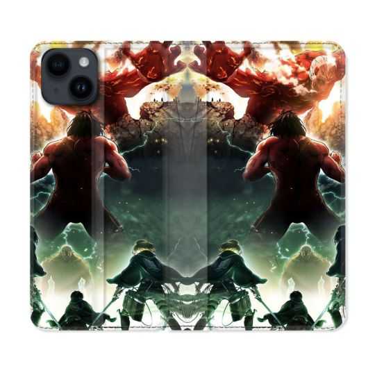 Housse Cuir Portefeuille Pour Iphone 15 Plus (6,7) Manga Attaque Titans Combat