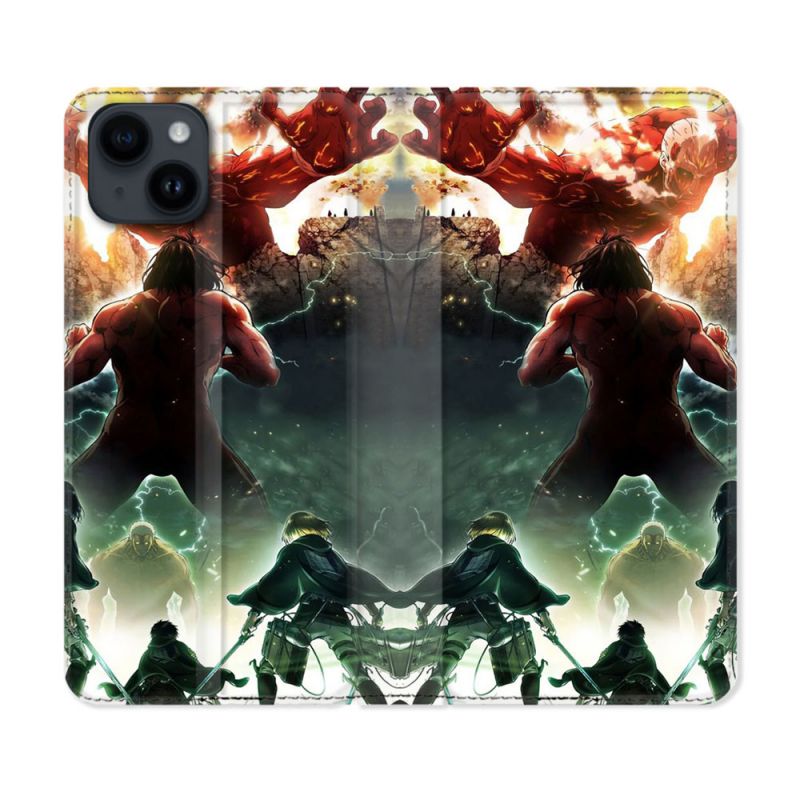 Housse Cuir Portefeuille Pour Iphone 15 Plus (6,7) Manga Attaque Titans Combat