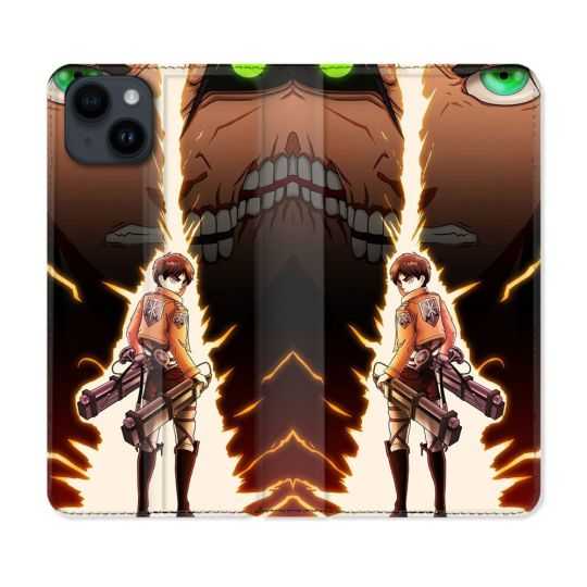 Housse Cuir Portefeuille Pour Iphone 15 Plus (6,7) Manga Attaque Titans Eren Eclair