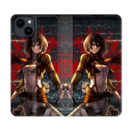 Housse Cuir Portefeuille Pour Iphone 15 Plus (6,7) Manga Attaque Titans Mikasa