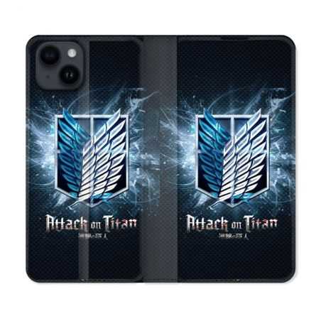 Housse Cuir Portefeuille Pour Iphone 15 Plus (6,7) Manga Attaque Titans Noir