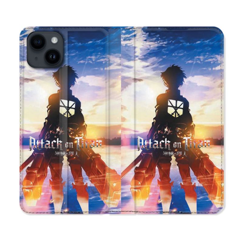 Housse Cuir Portefeuille Pour Iphone 15 Plus (6,7) Manga Attaque Titans Soleil