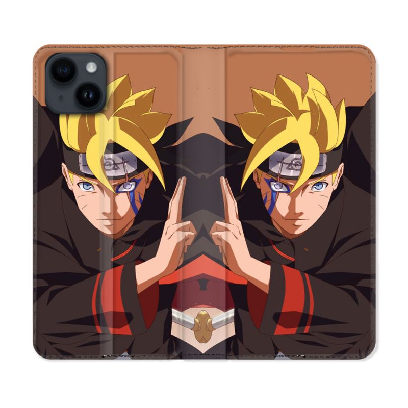 Housse Cuir Portefeuille Pour Iphone 15 Plus (6,7) Manga Boruto Signe