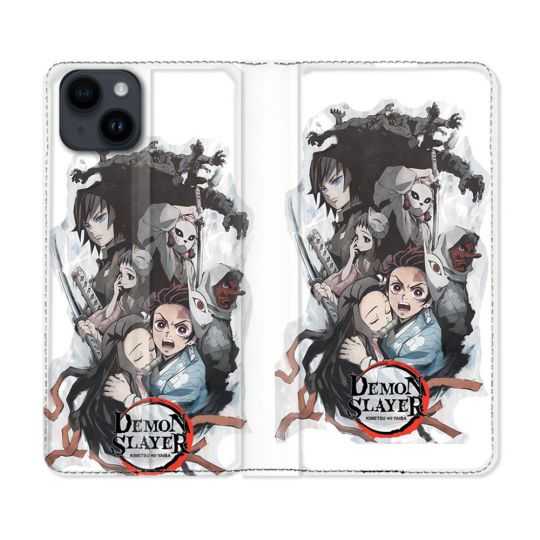 Housse Cuir Portefeuille Pour Iphone 15 Plus (6,7) Manga Demon Slayer Blanc
