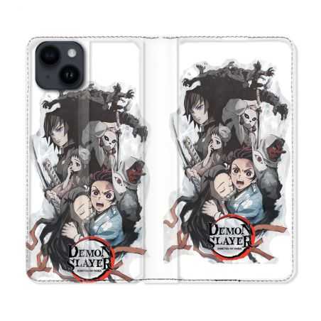 Housse Cuir Portefeuille Pour Iphone 15 Plus (6,7) Manga Demon Slayer Blanc