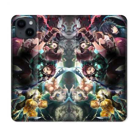 Housse Cuir Portefeuille Pour Iphone 15 Plus (6,7) Manga Demon Slayer Groupe