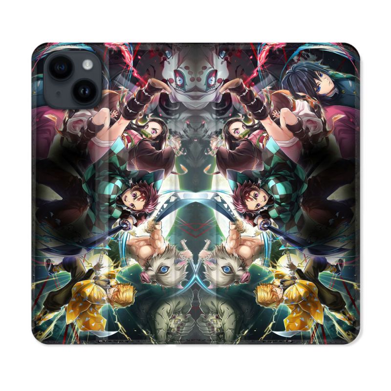 Housse Cuir Portefeuille Pour Iphone 15 Plus (6,7) Manga Demon Slayer Groupe