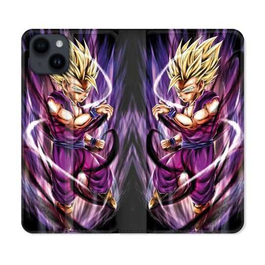 Housse Cuir Portefeuille Pour Iphone 15 Plus (6,7) Manga Dragon Ball Sangohan Violet