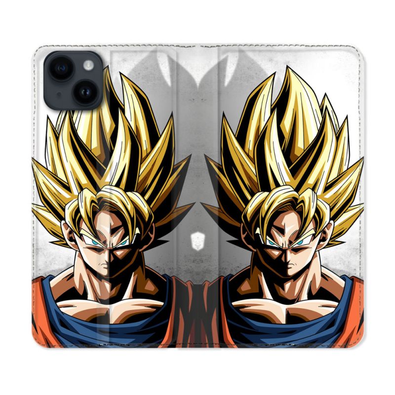 Housse Cuir Portefeuille Pour Iphone 15 Plus (6,7) Manga Dragon Ball Sangoku Portrait