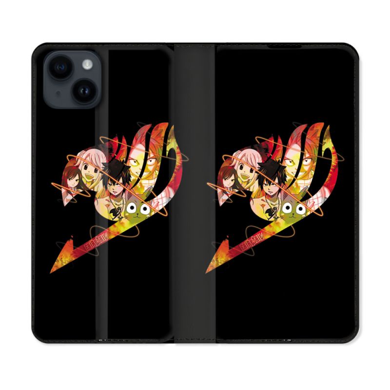 Housse Cuir Portefeuille Pour Iphone 15 Plus (6,7) Manga Fairy Tail Logo Noir