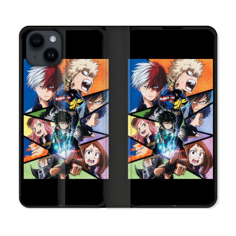Housse Cuir Portefeuille Pour Iphone 15 Plus (6,7) Manga My Hero Academia Noir
