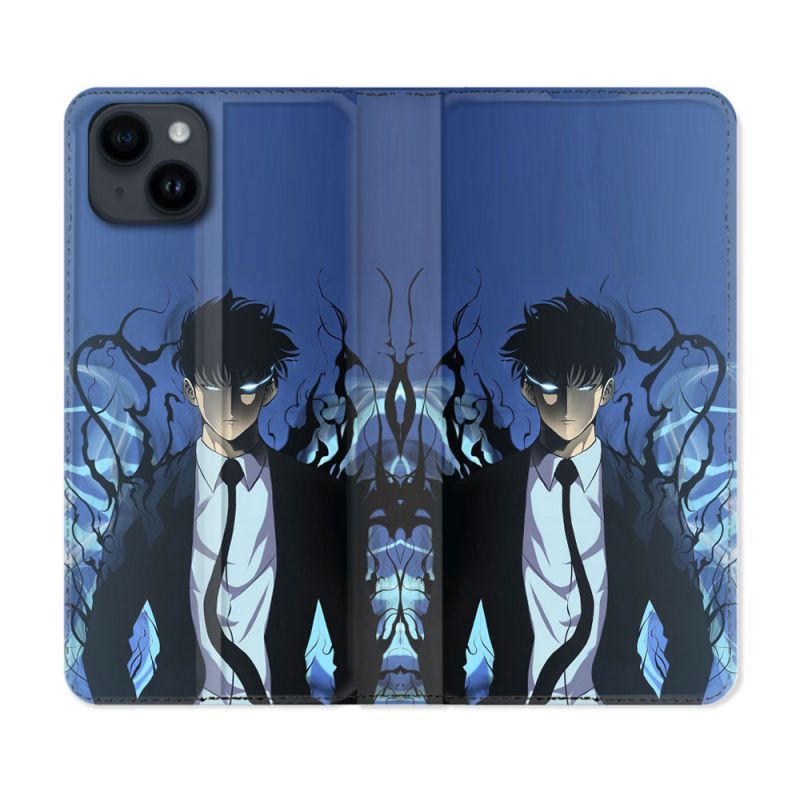 Housse Cuir Portefeuille Pour Iphone 15 Plus (6,7) Manga Solo Leveling Sung Bleu