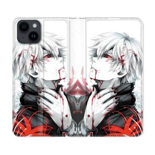 Housse Cuir Portefeuille Pour Iphone 15 Plus (6,7) Manga Tokyo Ghoul Kaneki Blanc