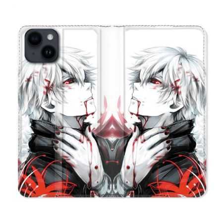 Housse Cuir Portefeuille Pour Iphone 15 Plus (6,7) Manga Tokyo Ghoul Kaneki Blanc