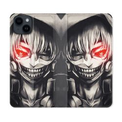 Housse Cuir Portefeuille Pour Iphone 15 Plus (6,7) Manga Tokyo Ghoul Kaneki Noir