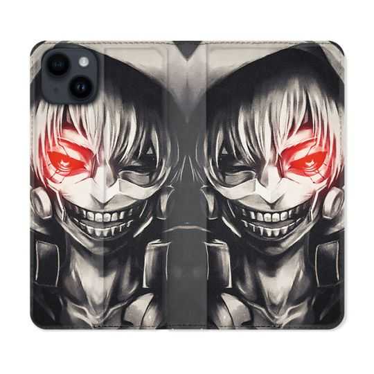 Housse Cuir Portefeuille Pour Iphone 15 Plus (6,7) Manga Tokyo Ghoul Kaneki Noir