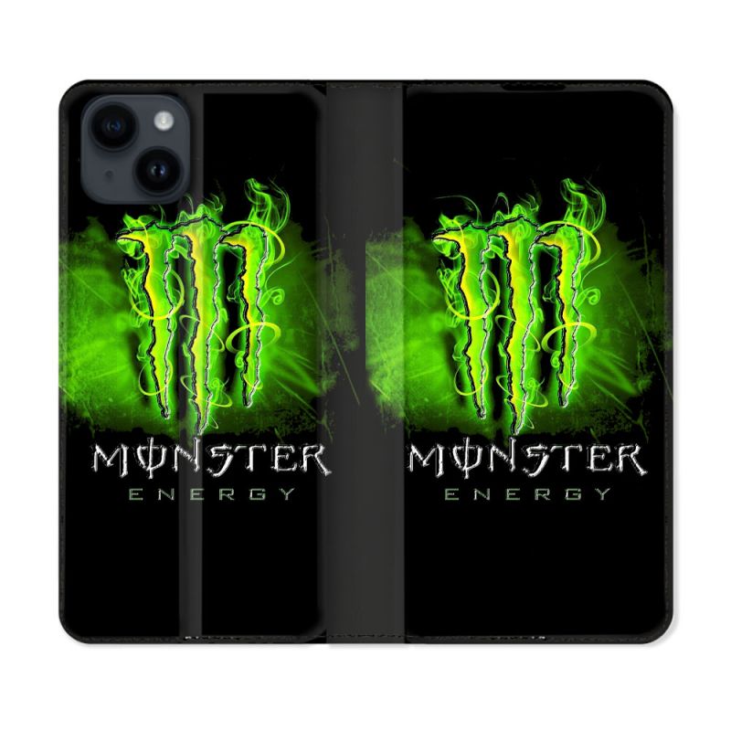 Housse Cuir Portefeuille Pour Iphone 15 Plus (6,7) Monster Energy Vert